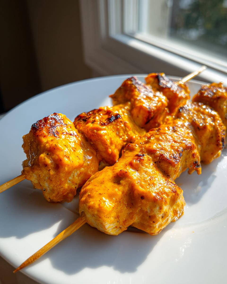 Two skewers of juicy, orange-glazed bang bang chicken skewers resting on a white plate near a window.
