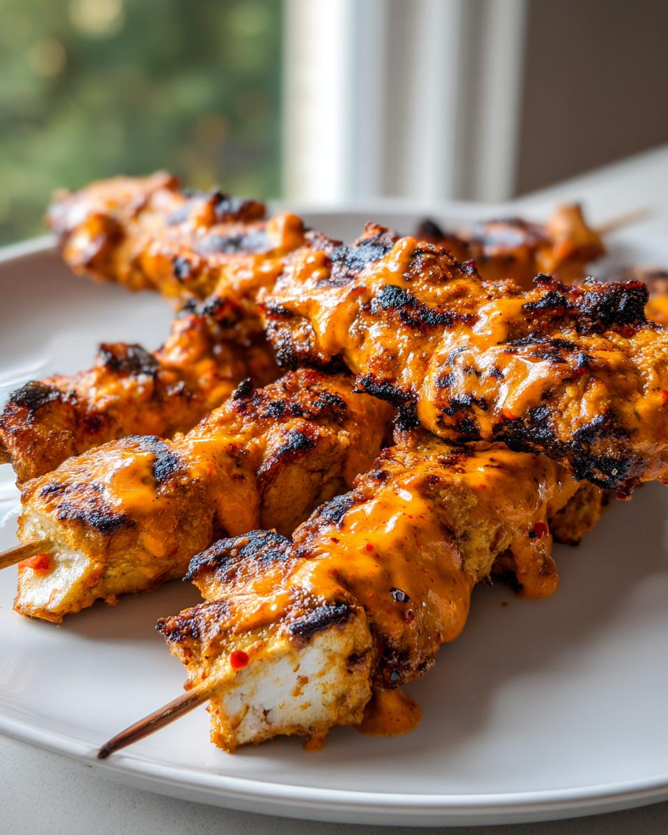 Close-up of grilled Bang Bang Chicken Skewers Moribyan coated in a creamy orange sauce, resting on a white plate.