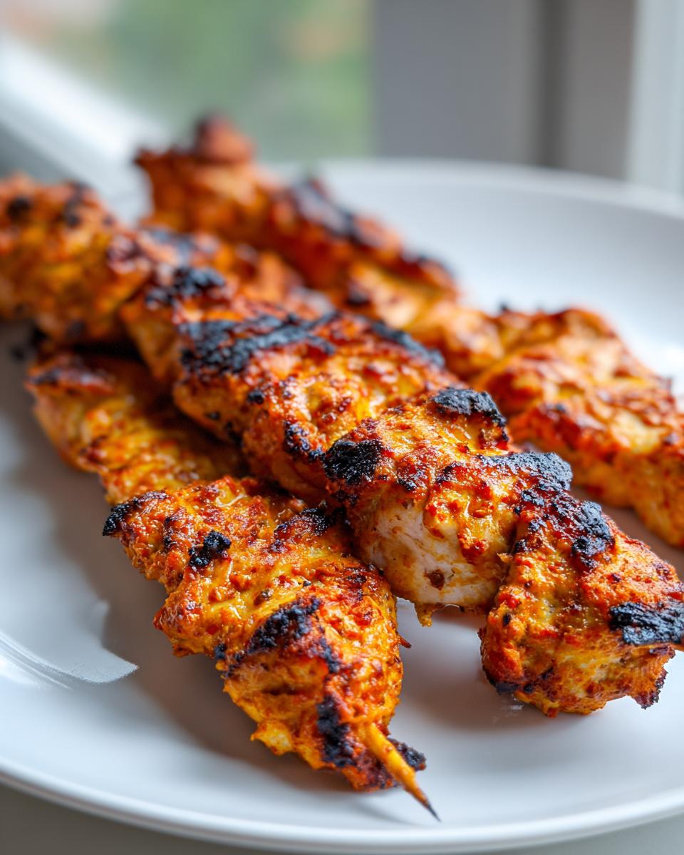 Close-up of several grilled bang bang chicken skewers moribyan, featuring charred edges and a vibrant orange marinade, served on a white plate.