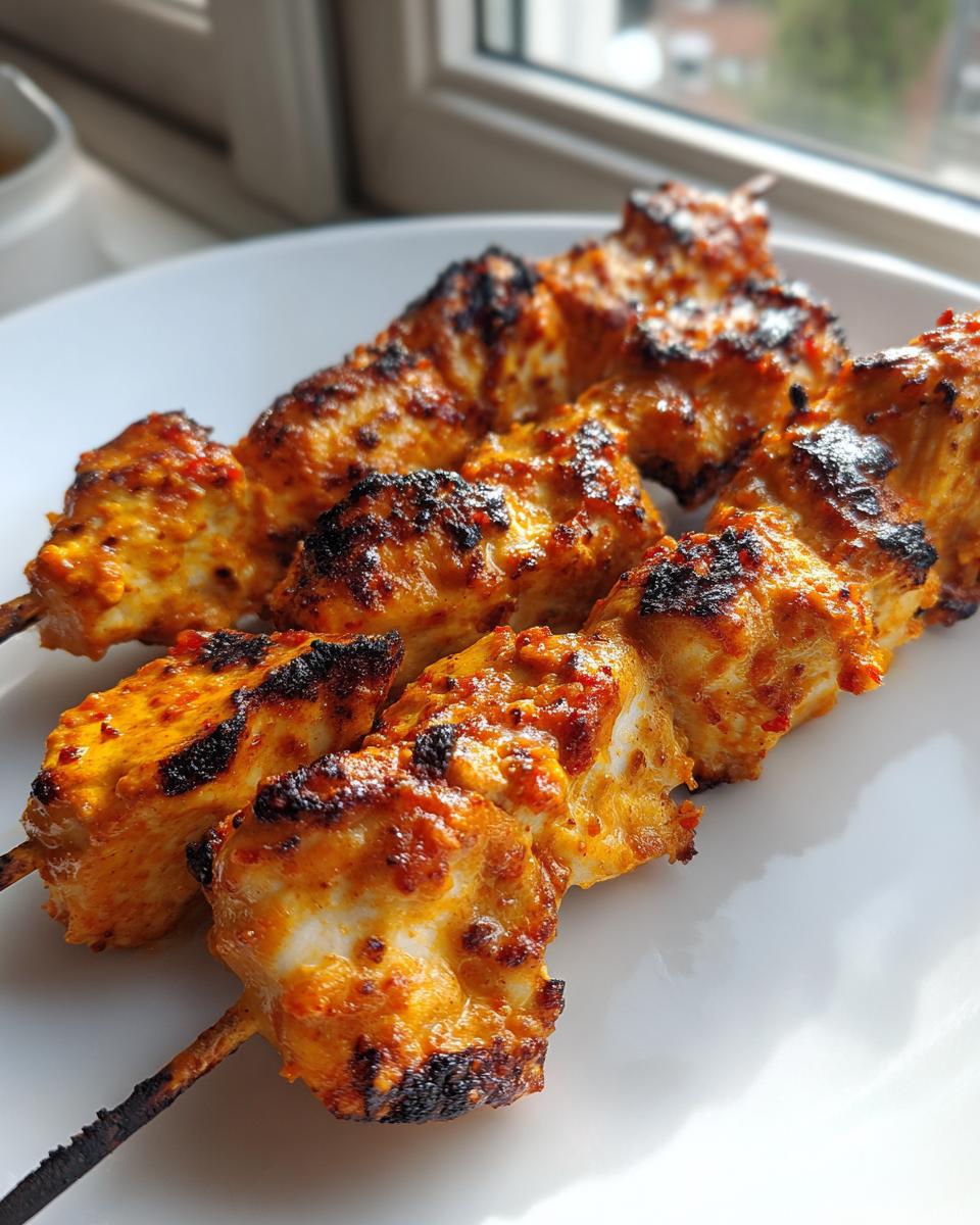 Close-up of three grilled Bang Bang Chicken Skewers Moribyan with charred edges resting on a white plate.
