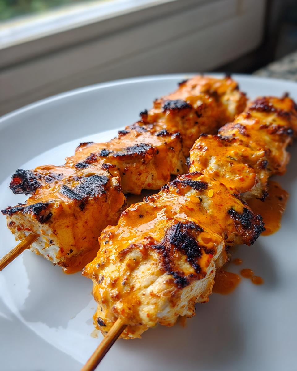 Close-up of grilled Bang Bang Chicken Skewers Moribyan coated in a rich, orange, spicy sauce on a white plate.