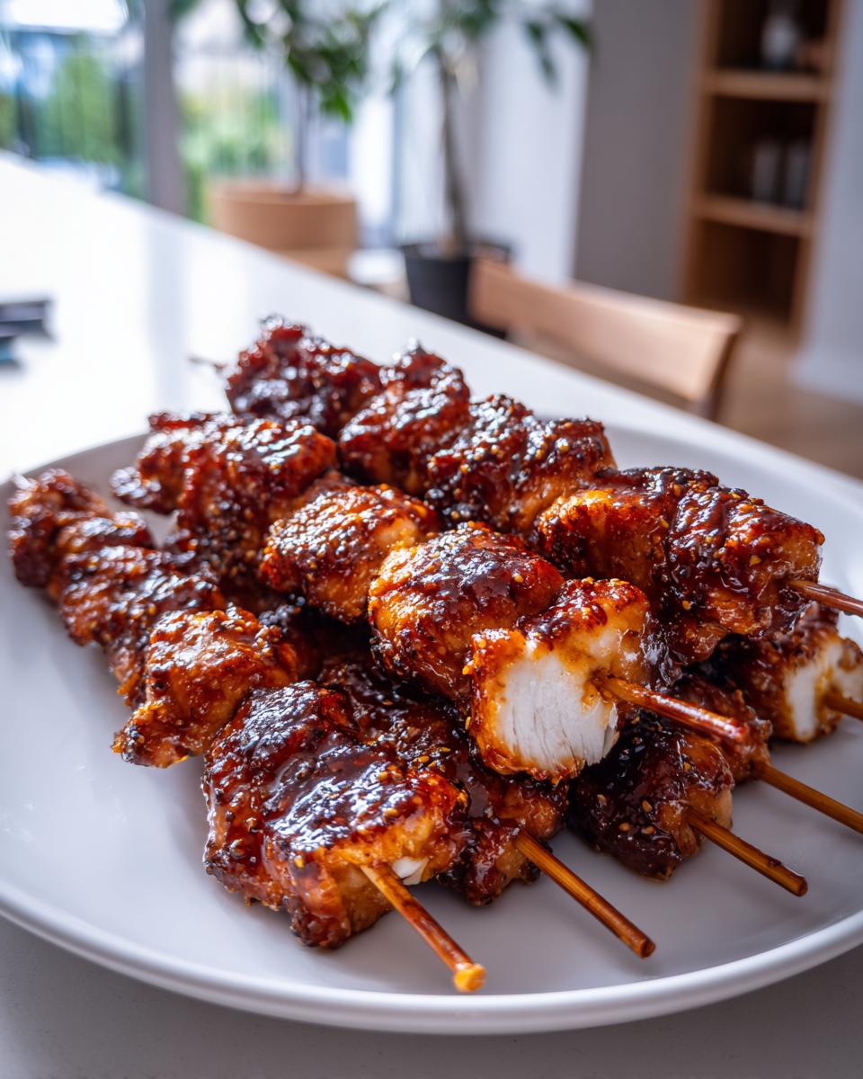A plate piled high with glossy, saucy bang bang chicken skewers in oven, one piece showing the white interior.