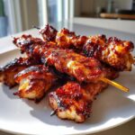Close-up of several glossy, caramelized bang bang chicken skewers in oven piled on a white plate.