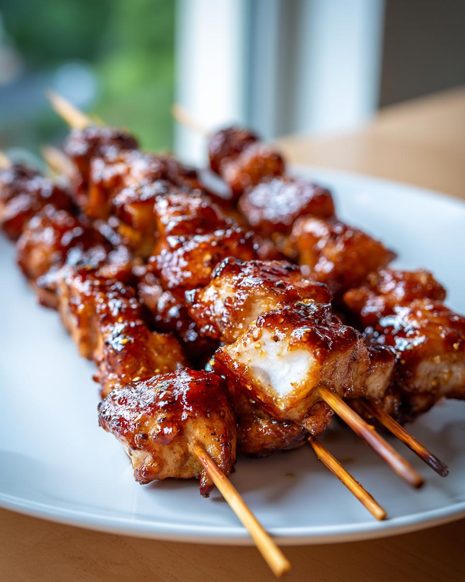 Close-up of juicy, glazed bang bang chicken skewers in oven, showing the white interior of one piece.