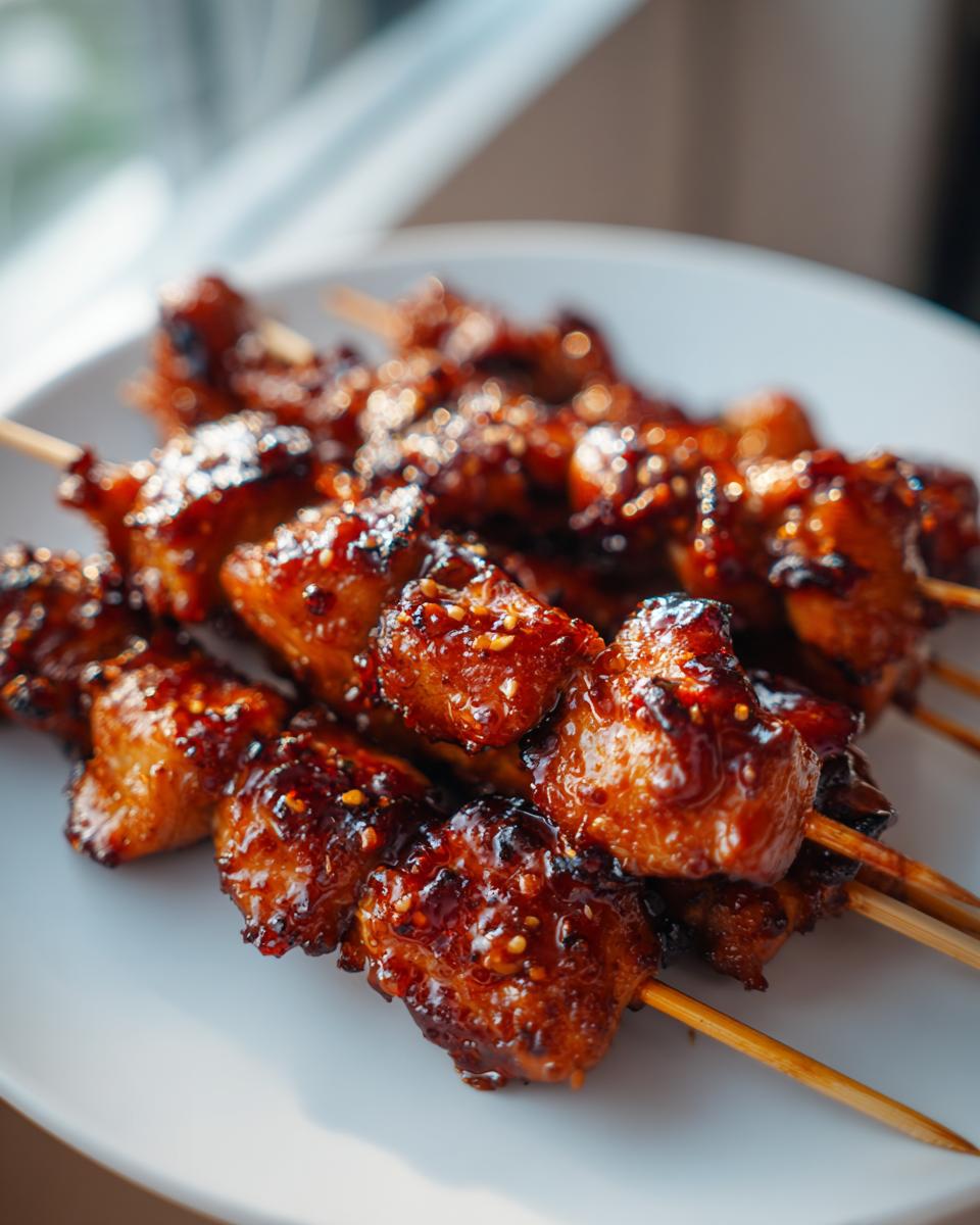Close-up of several glossy, glazed bang bang chicken skewers resting on a white plate, fresh from the oven.