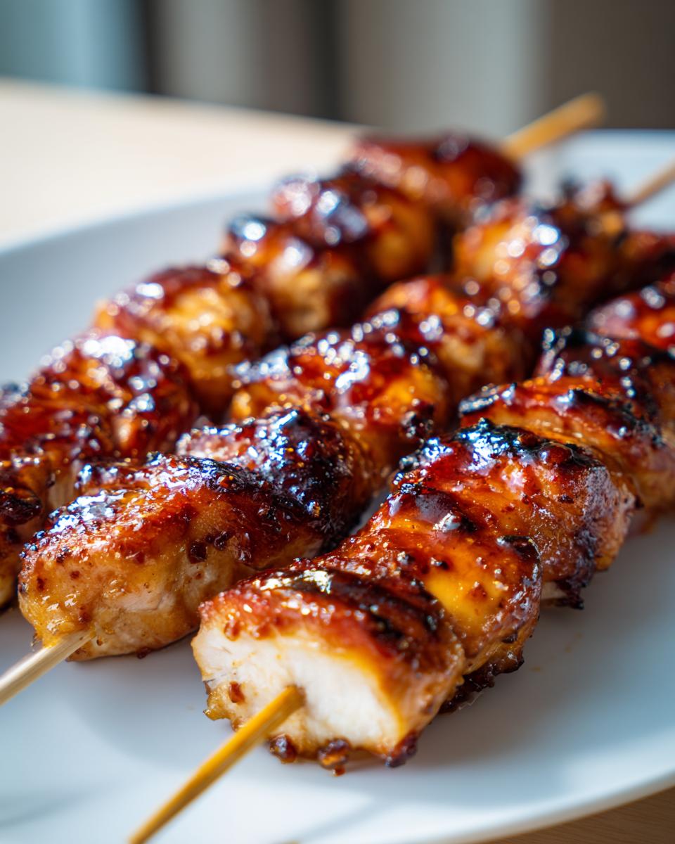 Close-up of juicy, glazed bang bang chicken skewers in oven, showing the caramelized sauce and perfectly cooked white meat.