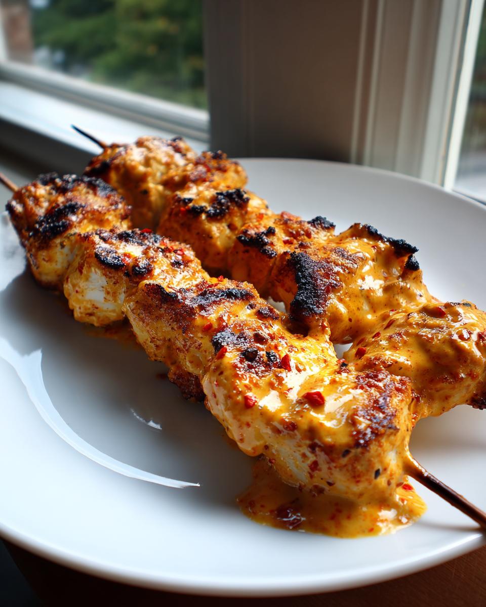 Close-up of grilled bang bang chicken skewers coated in a creamy, orange-red spicy sauce on a white plate.
