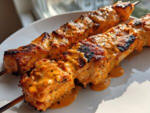Close-up of two grilled bang bang chicken skewers generously coated in a creamy, orange-hued sauce.