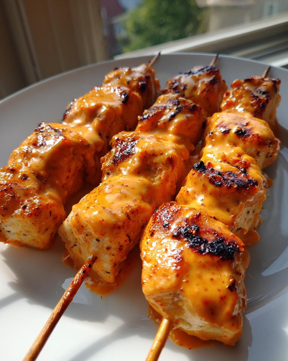 Close-up of grilled chicken pieces coated in creamy orange sauce on wooden sticks, showcasing the amazing bang bang chicken skewers.