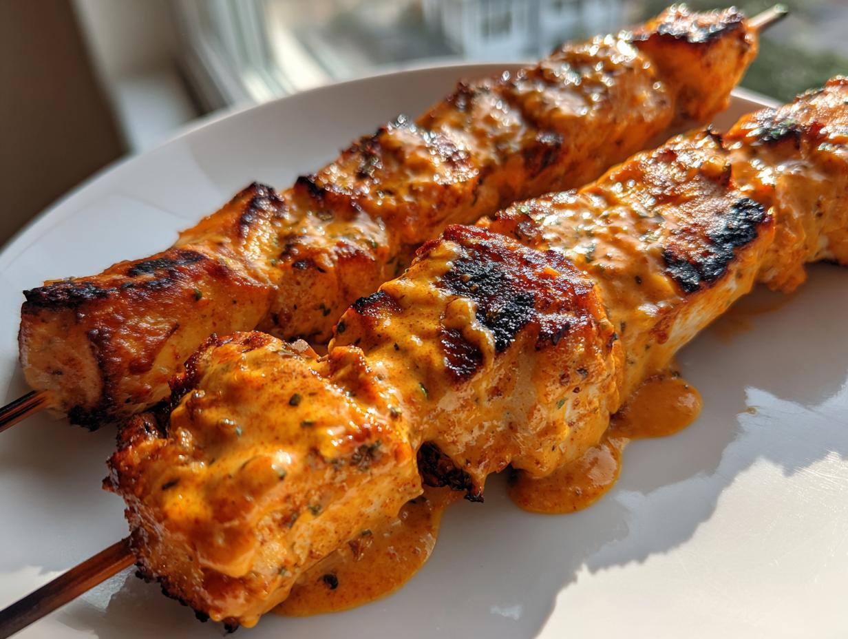 Close-up of two grilled bang bang chicken skewers generously coated in a creamy, orange-hued sauce.