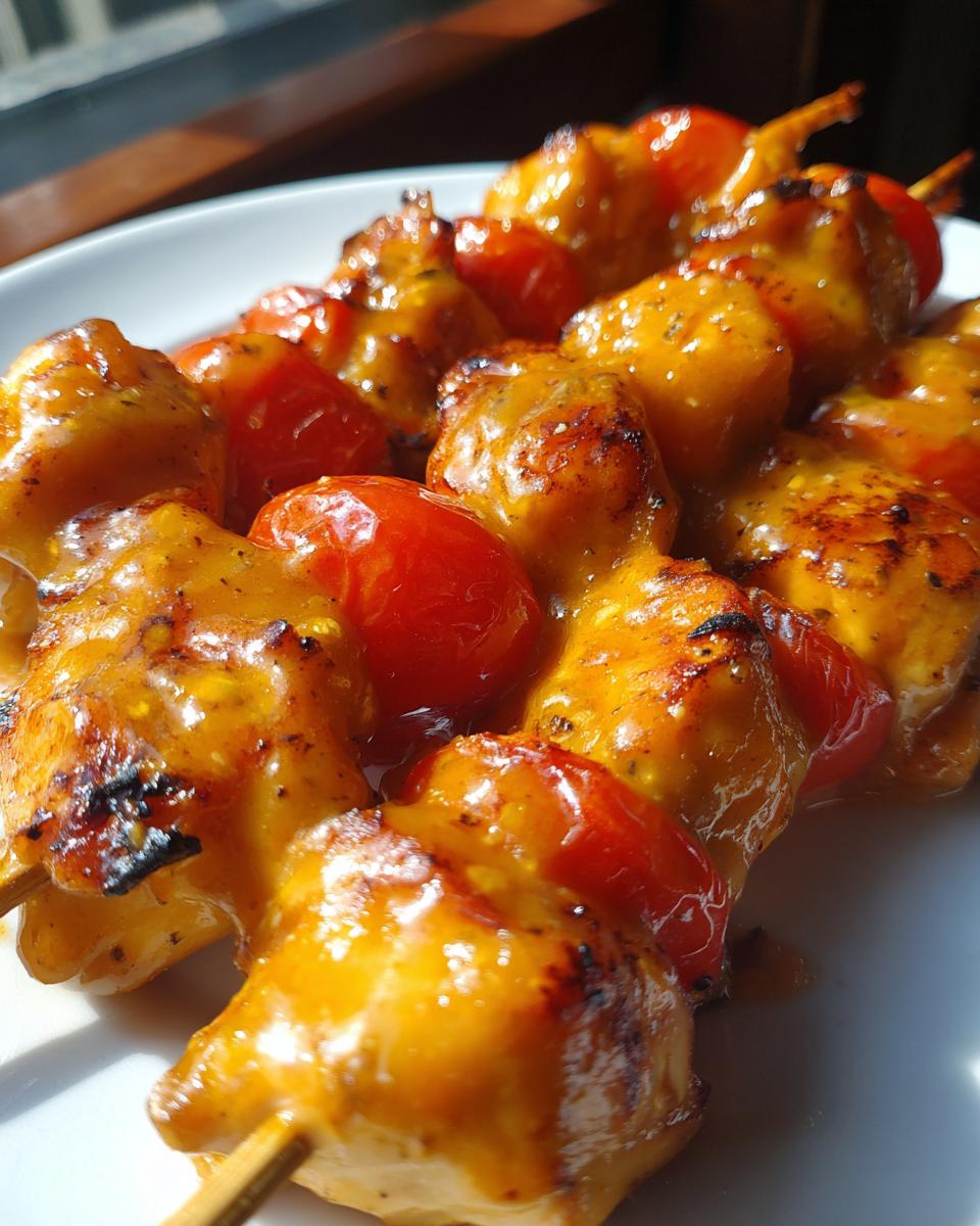Close-up of grilled bang bang chicken skewers 12 tomatoes glazed with a bright orange sauce on a white plate.
