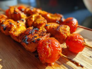 Close-up of grilled bang bang chicken skewers 12 tomatoes on a wooden board, showing charred chicken and blistered tomatoes.