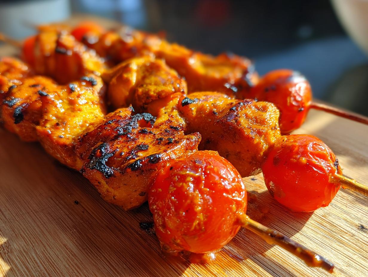 Close-up of grilled bang bang chicken skewers 12 tomatoes on a wooden board, showing charred chicken and blistered tomatoes.