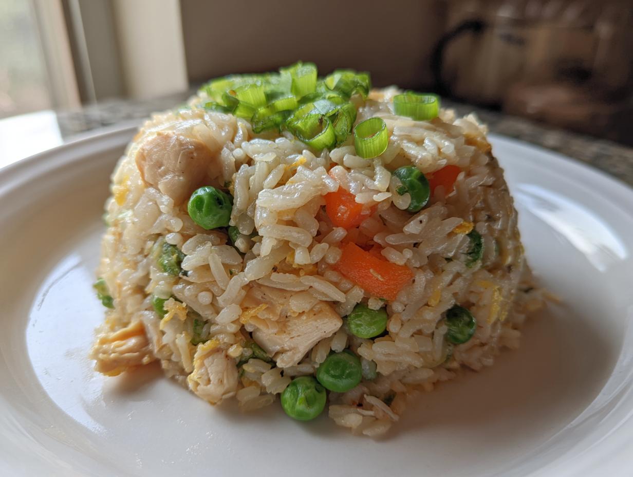 A perfectly molded serving of chicken fried rice, mixed with peas and carrots, topped with fresh green onions.
