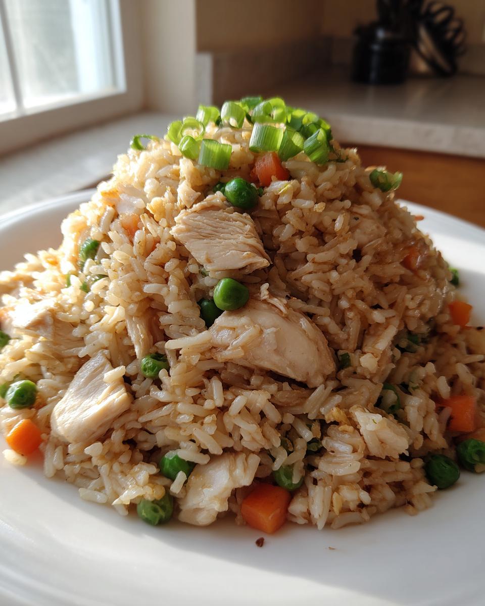 A generous serving of homemade chicken fried rice, mixed with peas and carrots, topped with fresh green onions.