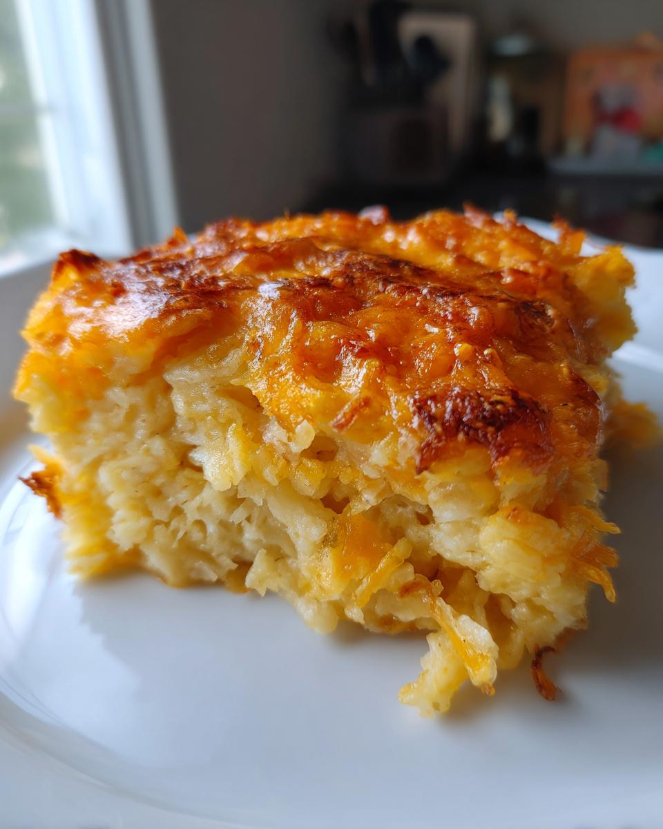 A close-up shot of a square serving of the best hashbrown casserole, featuring shredded potatoes and a bubbly, golden-brown cheese topping.