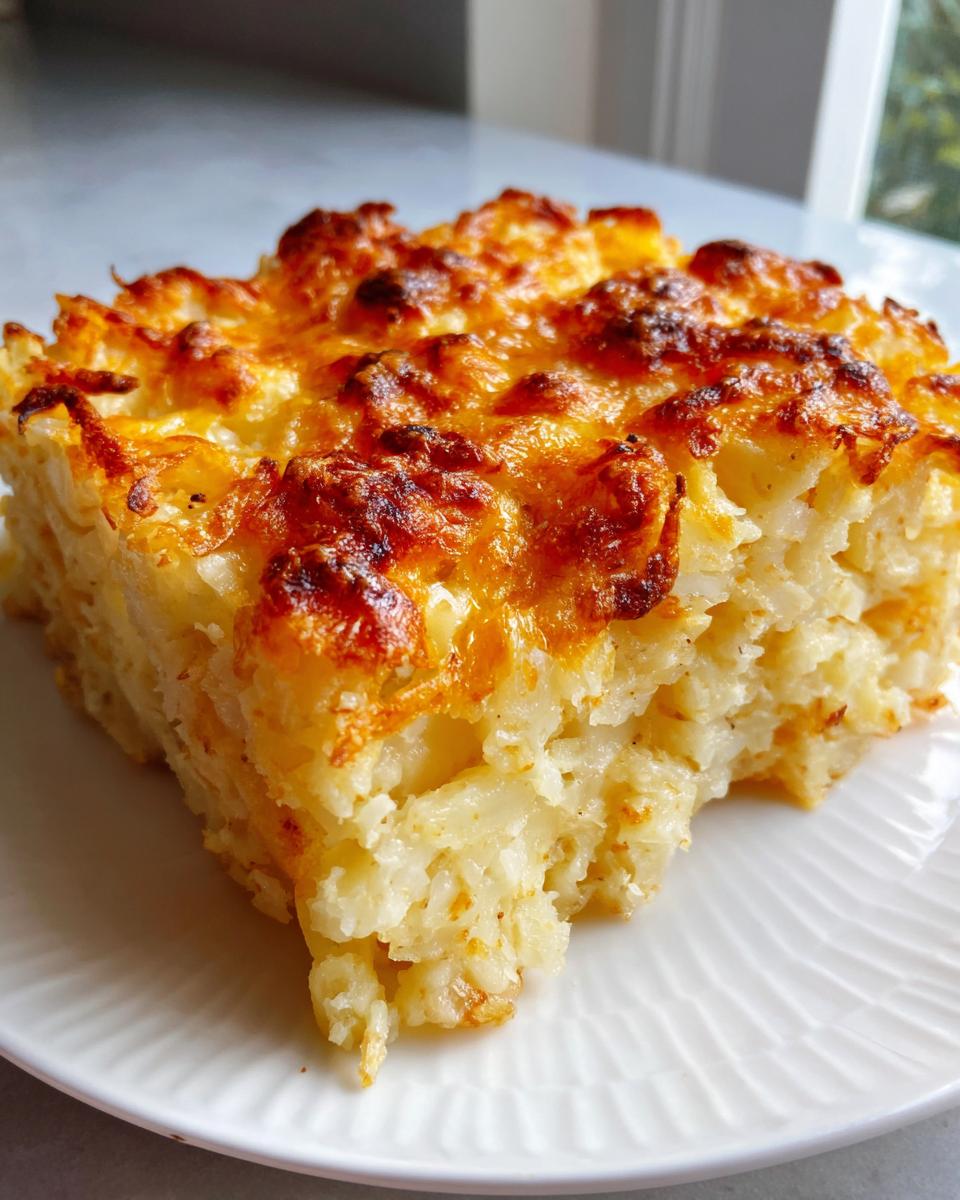 A close-up of a square serving of the best hashbrown casserole, featuring shredded potatoes and a bubbly, browned cheese topping.