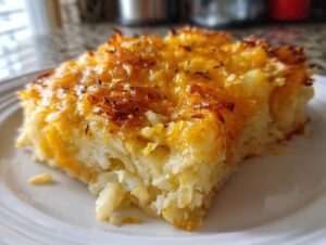 A close-up of a square serving of the best hashbrown casserole, topped with melted, browned cheddar cheese.