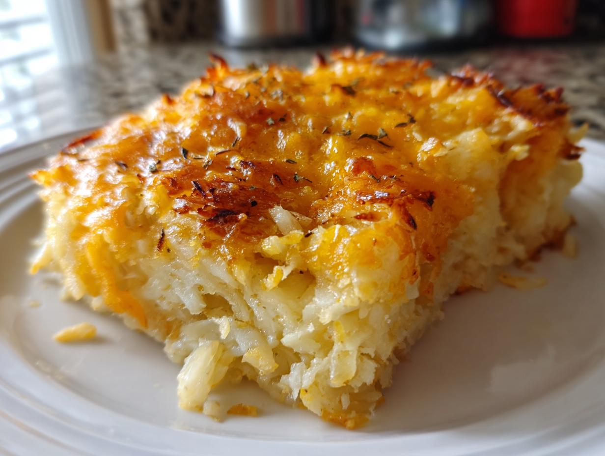 A close-up of a square serving of the best hashbrown casserole, topped with melted, browned cheddar cheese.