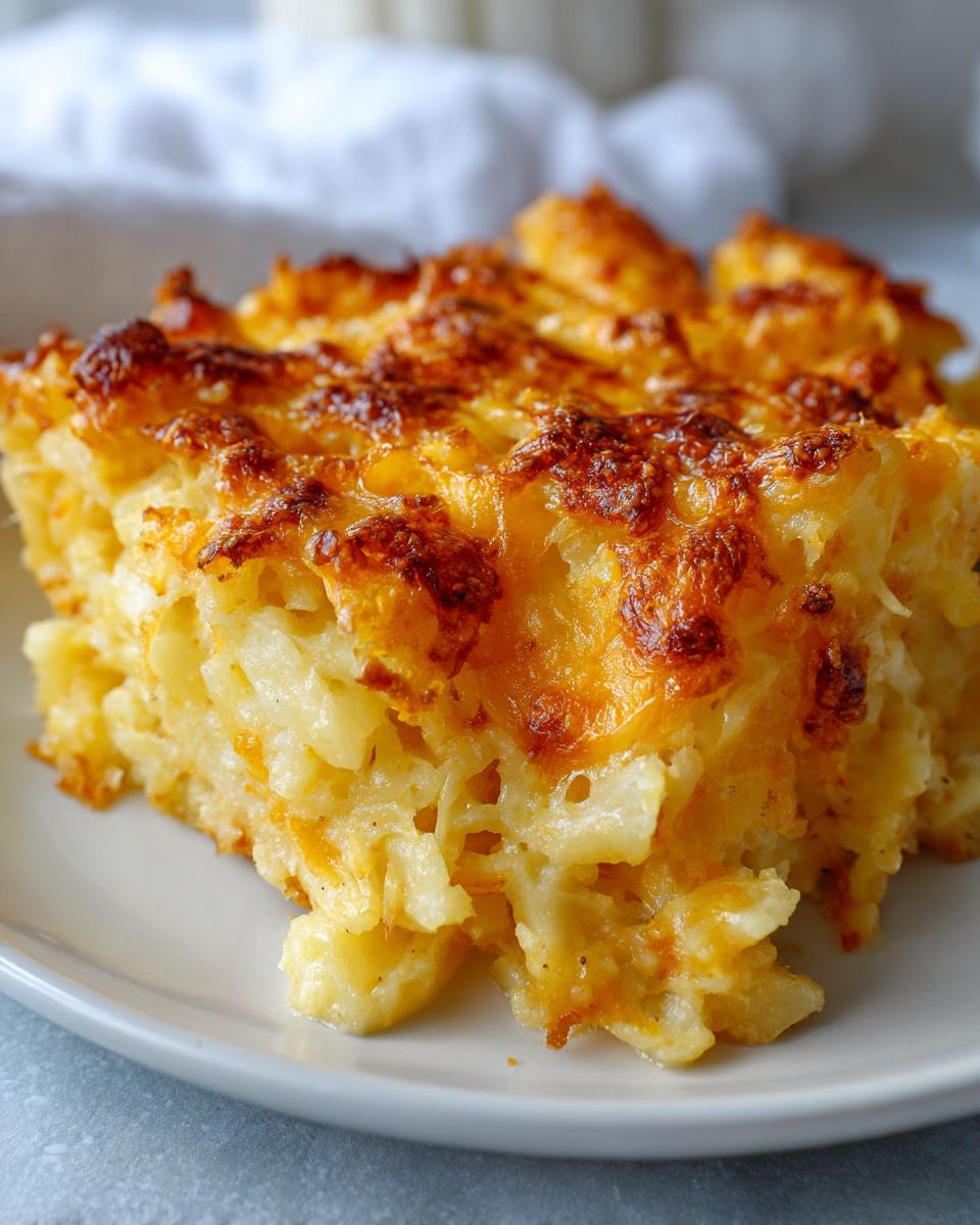 Close-up of a square serving of the best hashbrown casserole, featuring shredded potatoes and a deeply browned, cheesy crust.