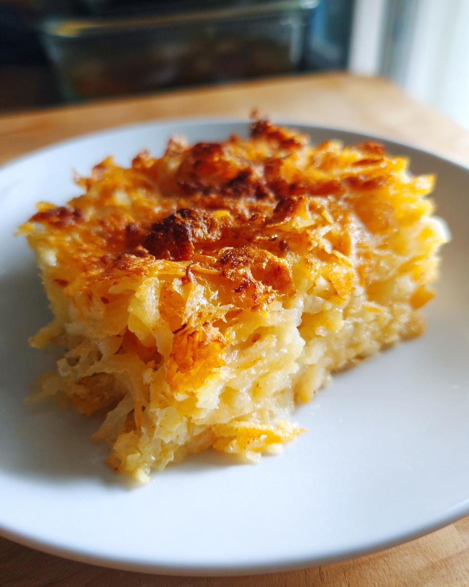 A close-up serving of the best hashbrown casserole, showing creamy interior and a crispy, golden-brown topping.