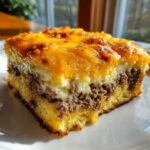 Close-up of a moist slice of bisquick impossible cheeseburger pie showing layers of crust, seasoned ground beef, and melted cheddar cheese topping.