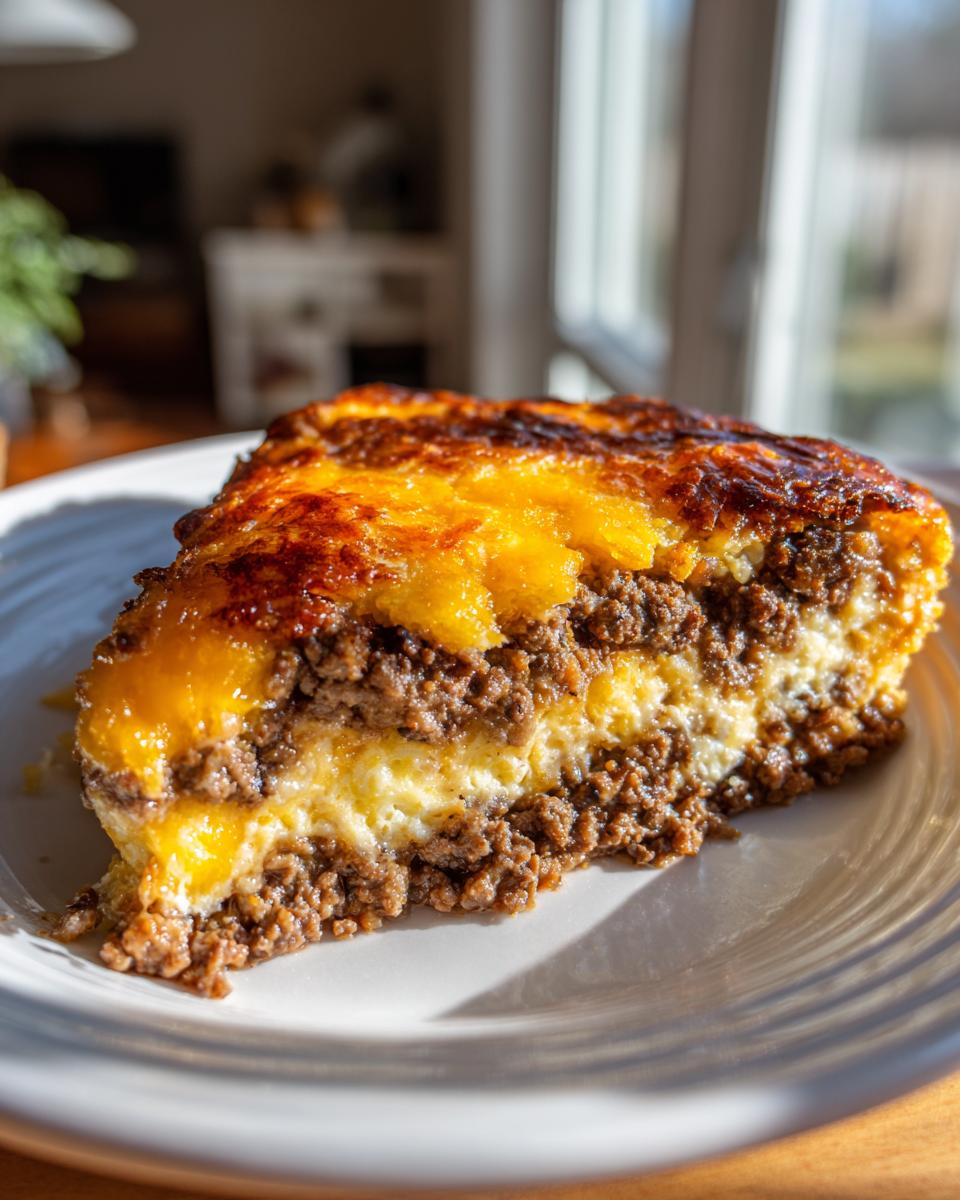 A thick slice of bisquick impossible cheeseburger pie showing layers of ground beef, egg custard, and a browned cheddar cheese top.