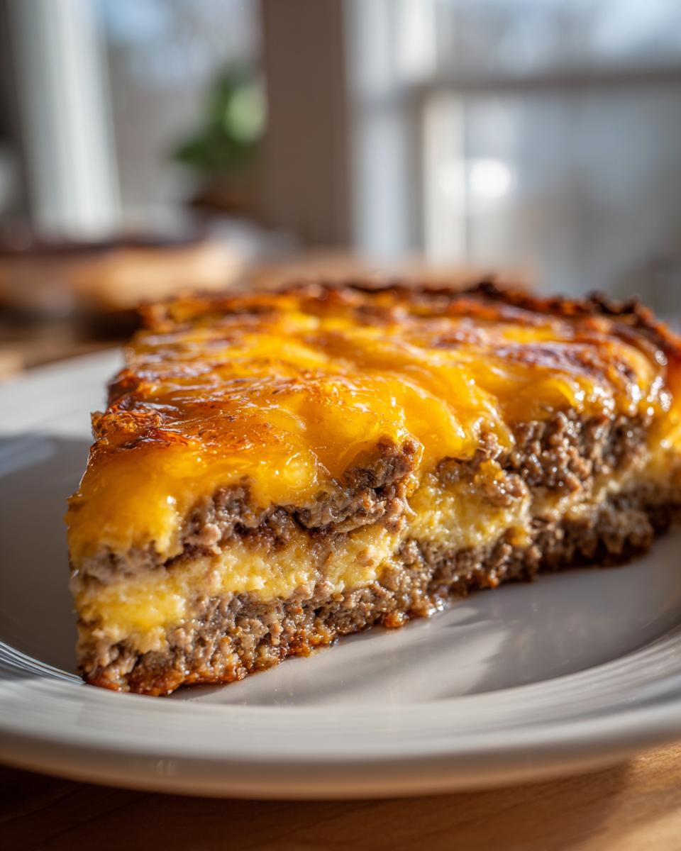 A close-up slice of bisquick impossible cheeseburger pie showing layers of ground beef and creamy filling topped with melted cheddar cheese.