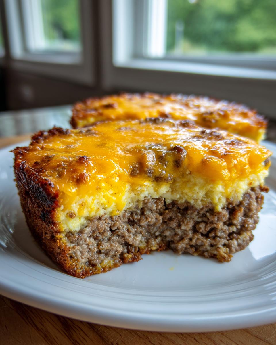 A close-up of a slice of bisquick impossible cheeseburger pie showing a bottom layer of ground beef and a top layer of yellow biscuit/custard topped with melted cheddar cheese.