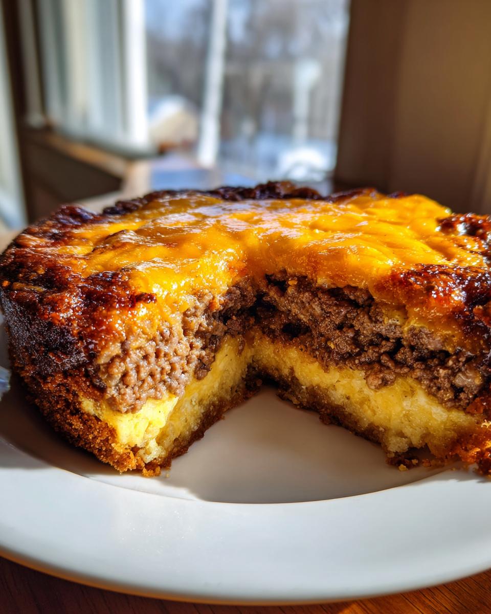 A slice removed from a baked bisquick impossible cheeseburger pie showing layers of crust, meat filling, and melted cheese topping.