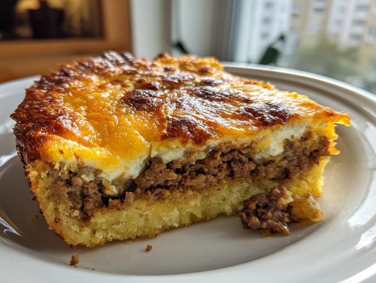 Close-up of a hearty slice of bisquick impossible cheeseburger pie showing layers of crust, seasoned ground beef, and melted, browned cheese.