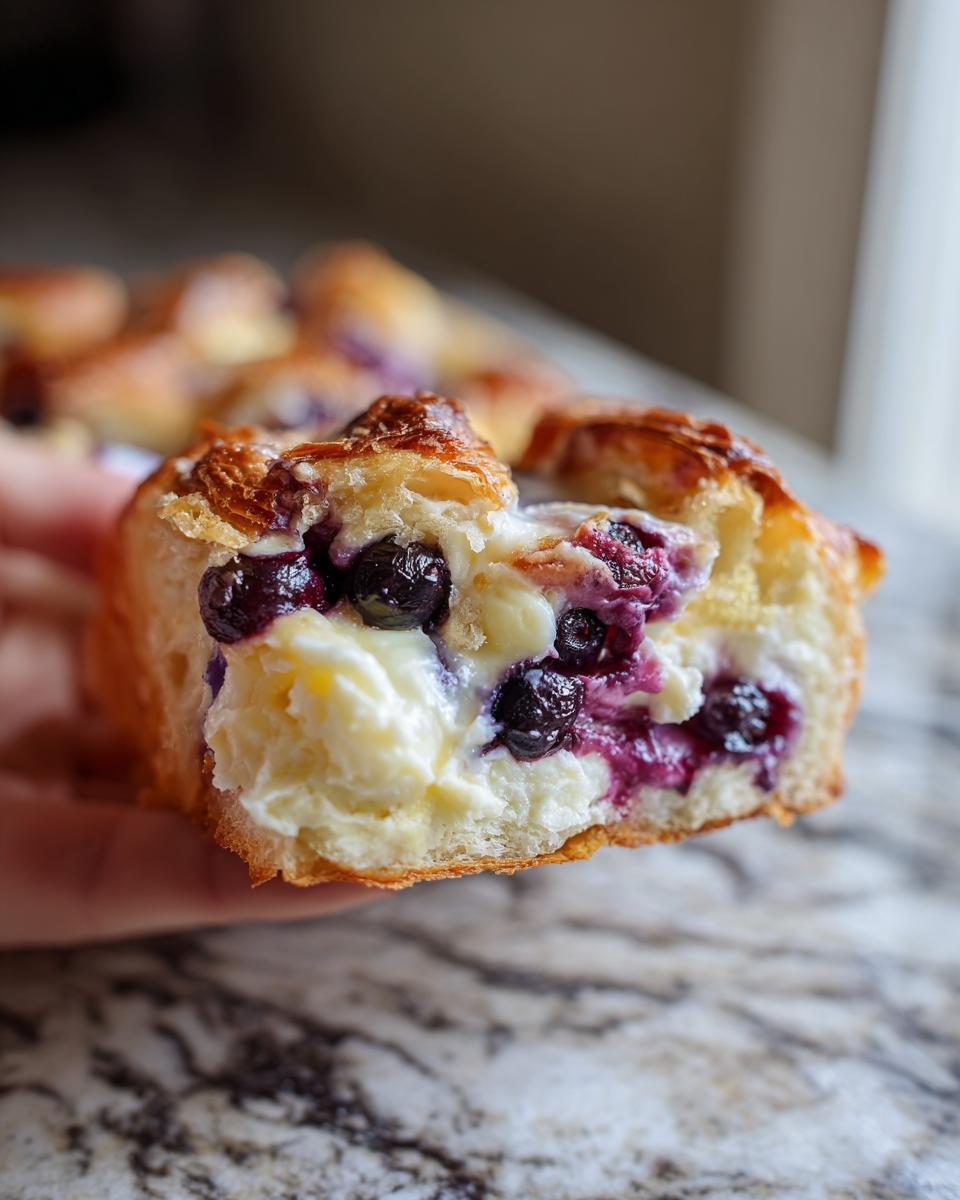 A close-up view of a piece of blueberry cream cheese croissant bake, showing rich cream cheese filling and fresh blueberries inside flaky pastry.