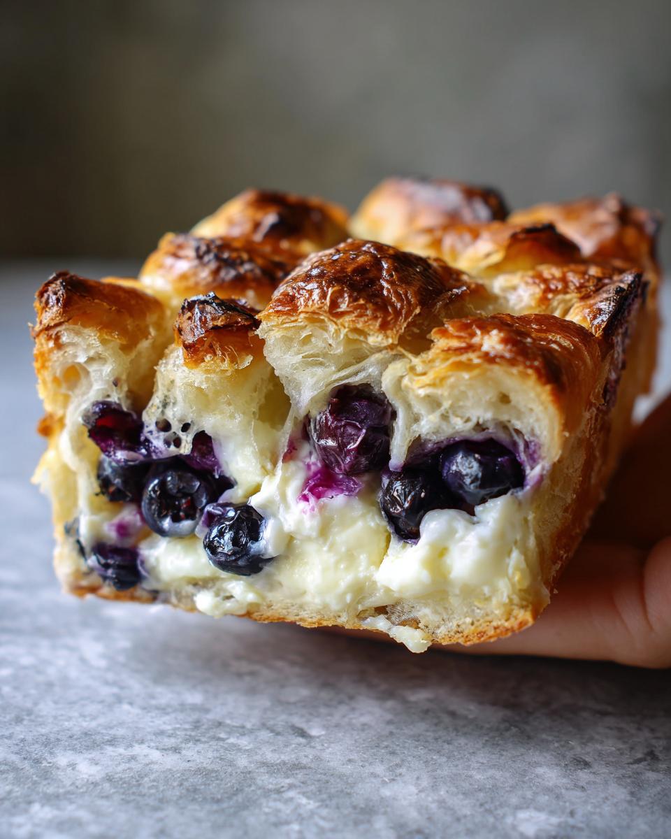 A close-up cross-section showing the creamy filling and blueberries inside the blueberry cream cheese croissant bake.