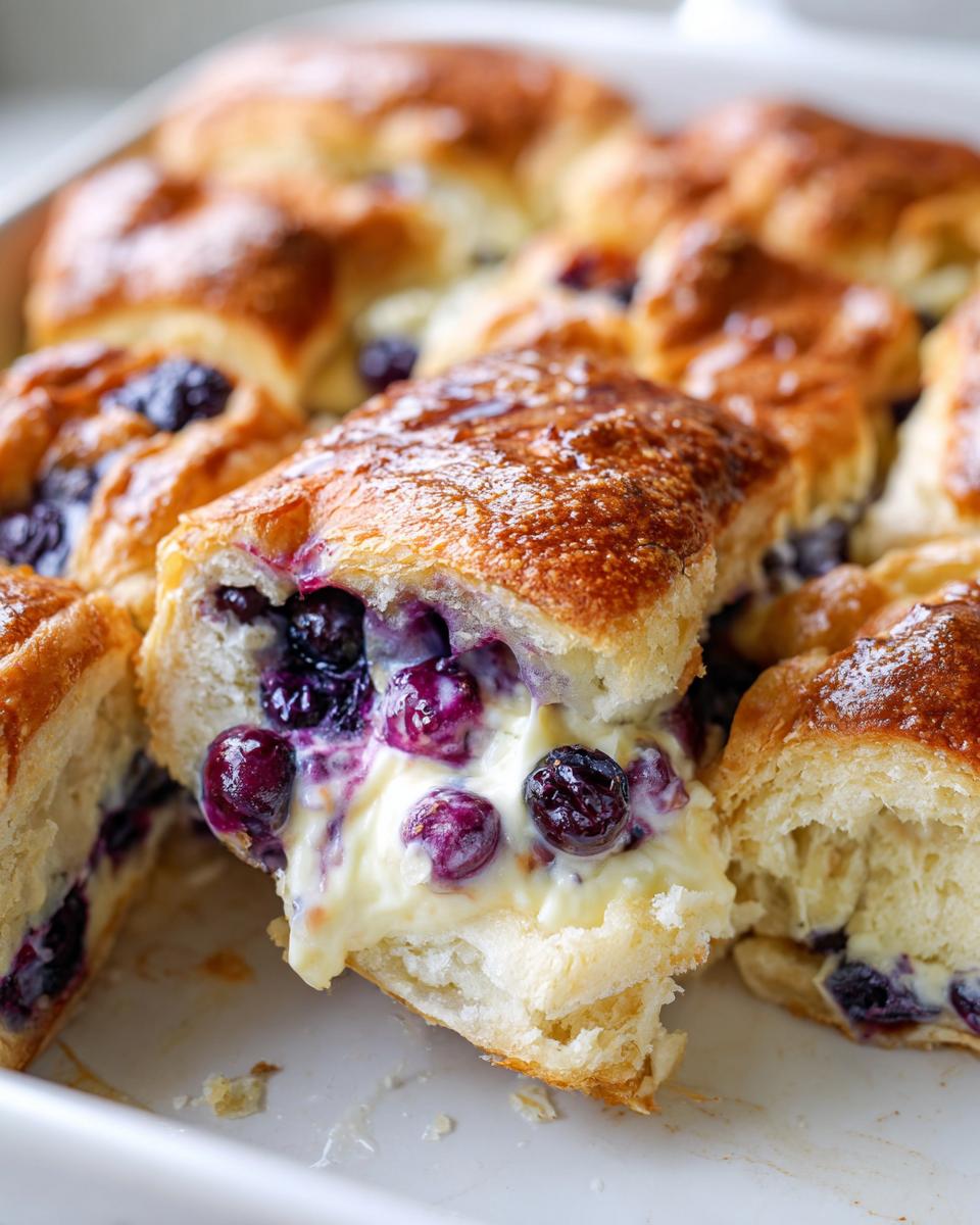 Close-up of a blueberry cream cheese croissant bake piece pulled apart, showing gooey cream cheese filling and fresh blueberries.
