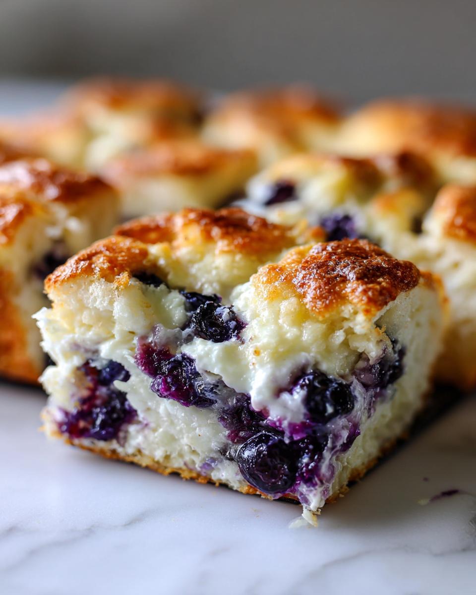 A close-up view of a square slice of blueberry cream cheese croissant bake showing layers of creamy filling and baked blueberries.