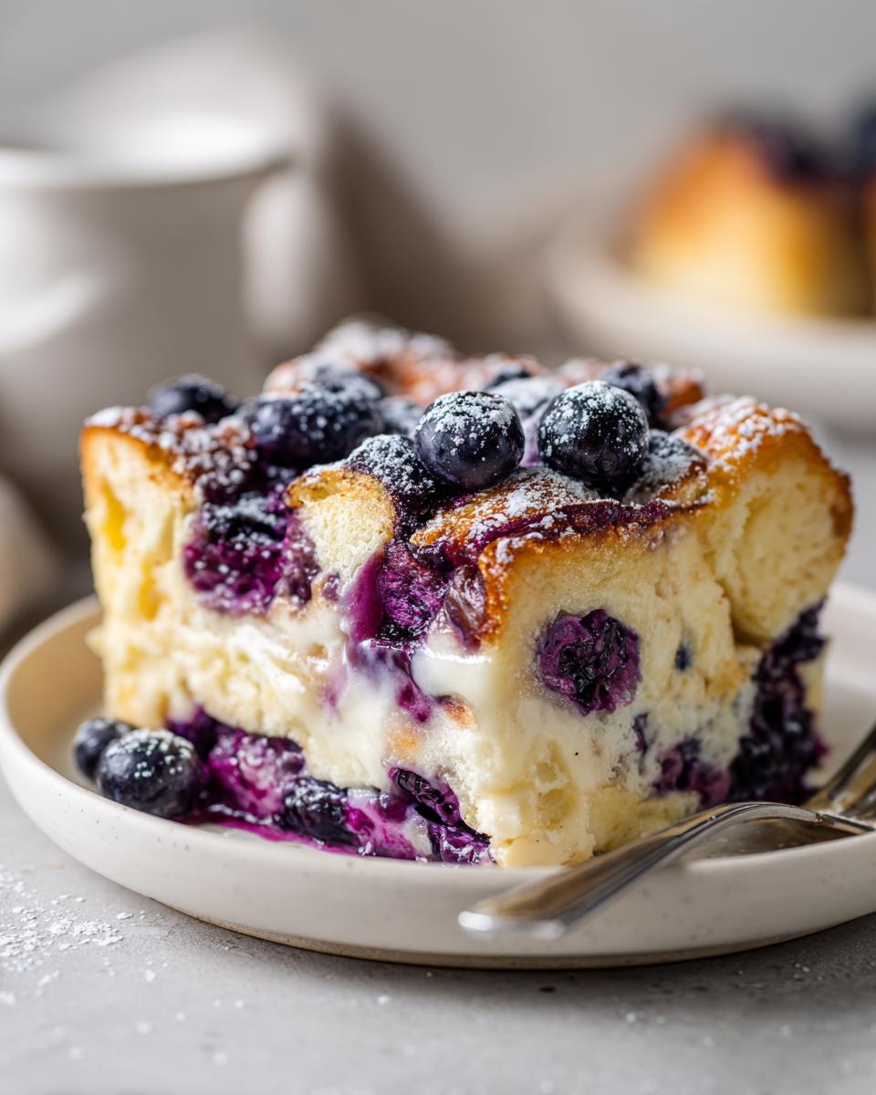 Close-up of a serving of blueberry cream cheese croissant casserole, topped with fresh blueberries and powdered sugar.