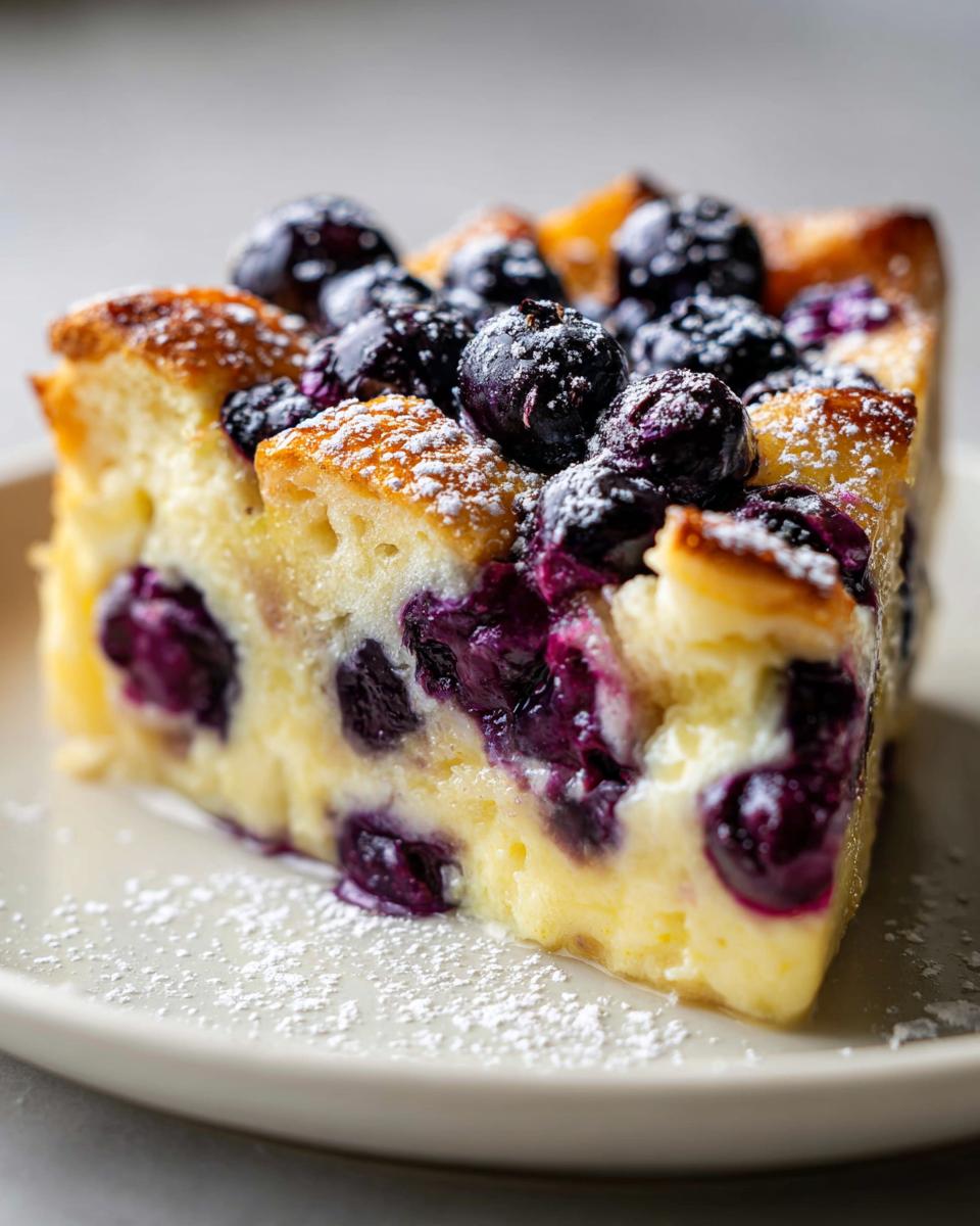 Close-up of a serving of blueberry cream cheese croissant casserole topped with fresh blueberries and powdered sugar.