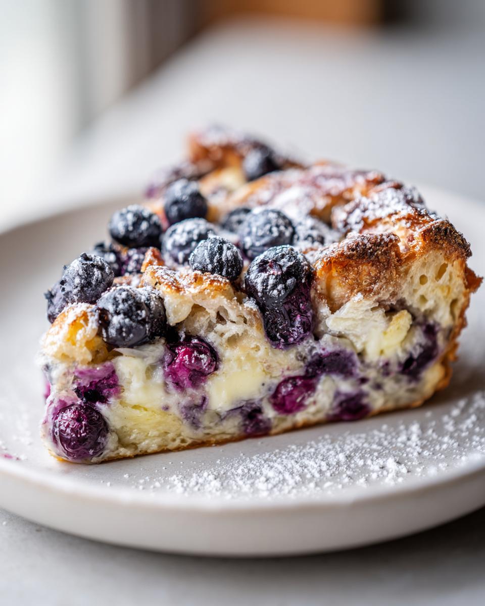 A close-up slice of blueberry cream cheese croissant casserole topped with fresh blueberries and powdered sugar.