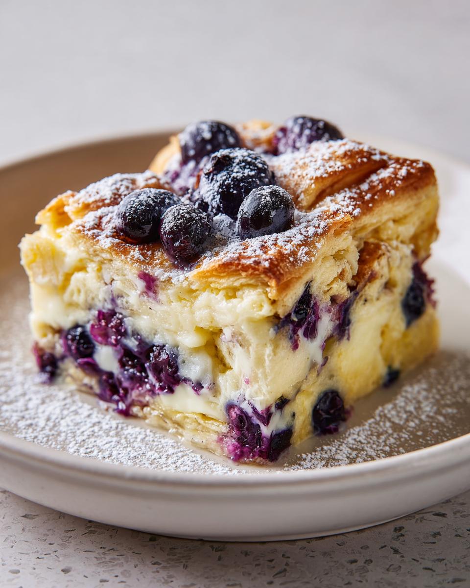 A decadent slice of blueberry cream cheese croissant casserole topped with fresh blueberries and powdered sugar.