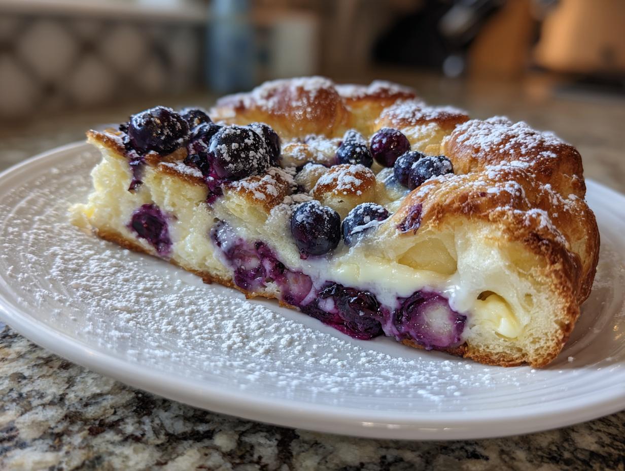 A close-up of a slice of blueberry cream cheese croissant casserole, dusted with powdered sugar.