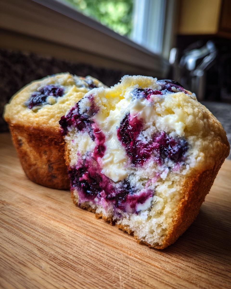 Close-up of a blueberry cream cheese muffin cut in half, showing the moist crumb and rich cream cheese filling.