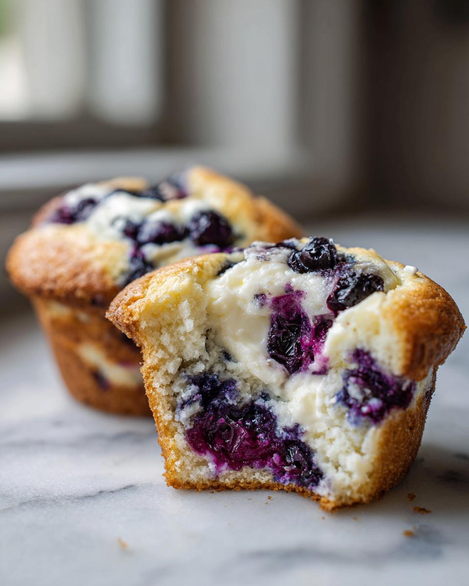 Close-up of a blueberry cream cheese muffin cut in half, showing the moist cake and creamy center.