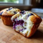A blueberry cream cheese muffin cut in half showing the moist interior, purple blueberries, and cream cheese filling.