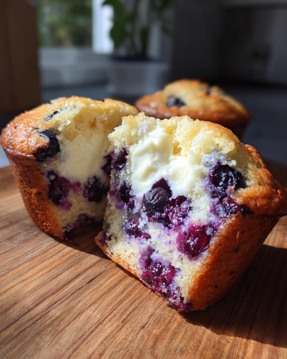A blueberry cream cheese muffin cut in half showing the rich cream cheese center and burst blueberries inside.