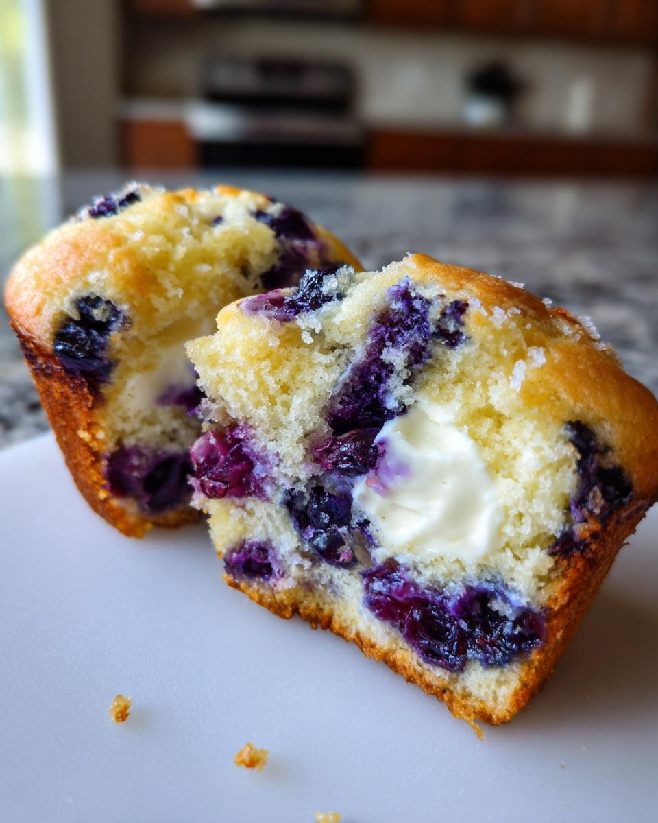 Close-up of a blueberry cream cheese muffin cut in half showing the swirl of cream cheese filling and juicy blueberries.
