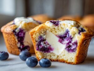 Close-up of a blueberry cream cheese muffin cut in half showing the creamy center and burst blueberries.