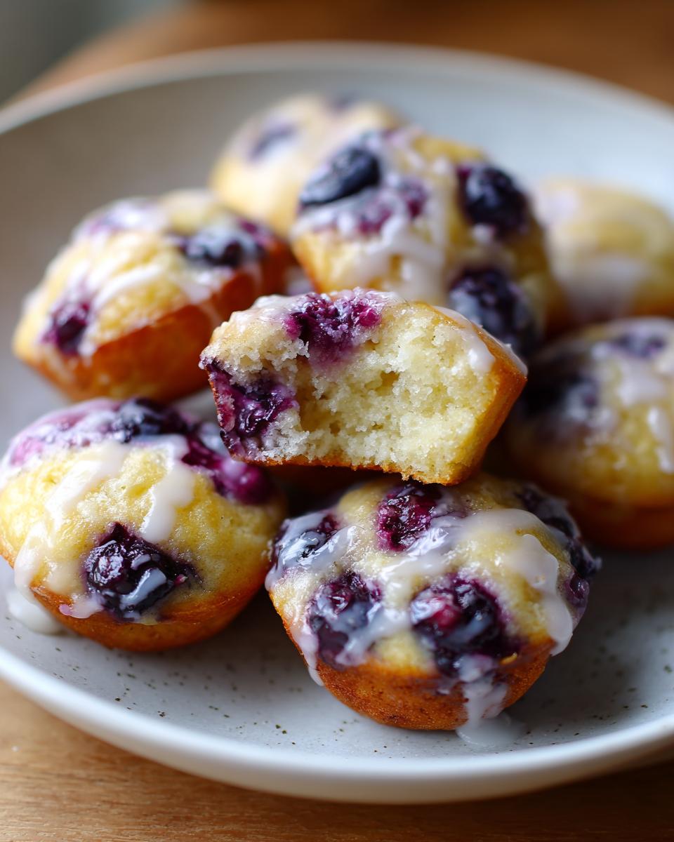 A stack of moist blueberry lemon pancake bites topped with a sweet lemon glaze, one is broken open showing the interior.