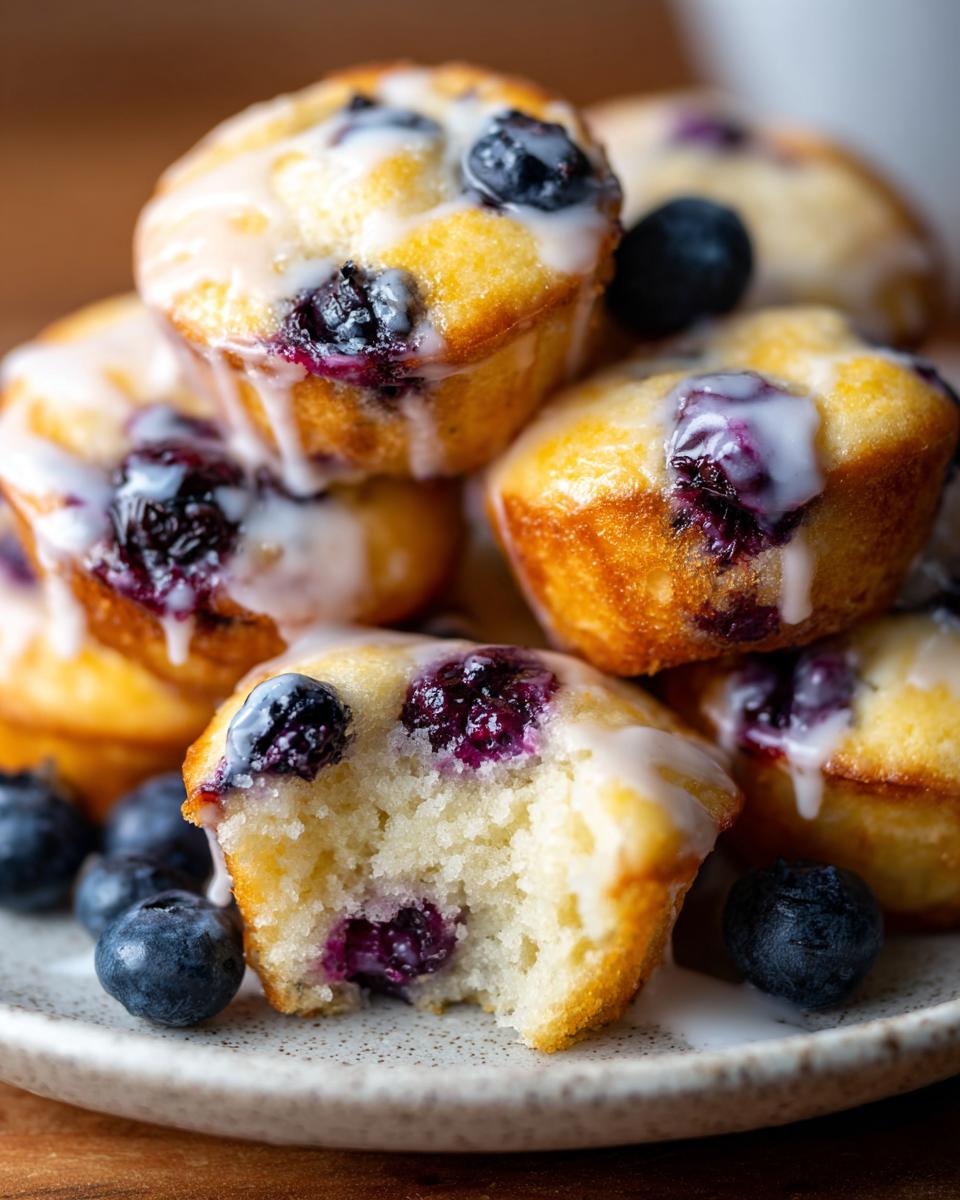 A stack of glazed blueberry lemon pancake bites, with one bite taken out showing the fluffy interior and fresh blueberries.