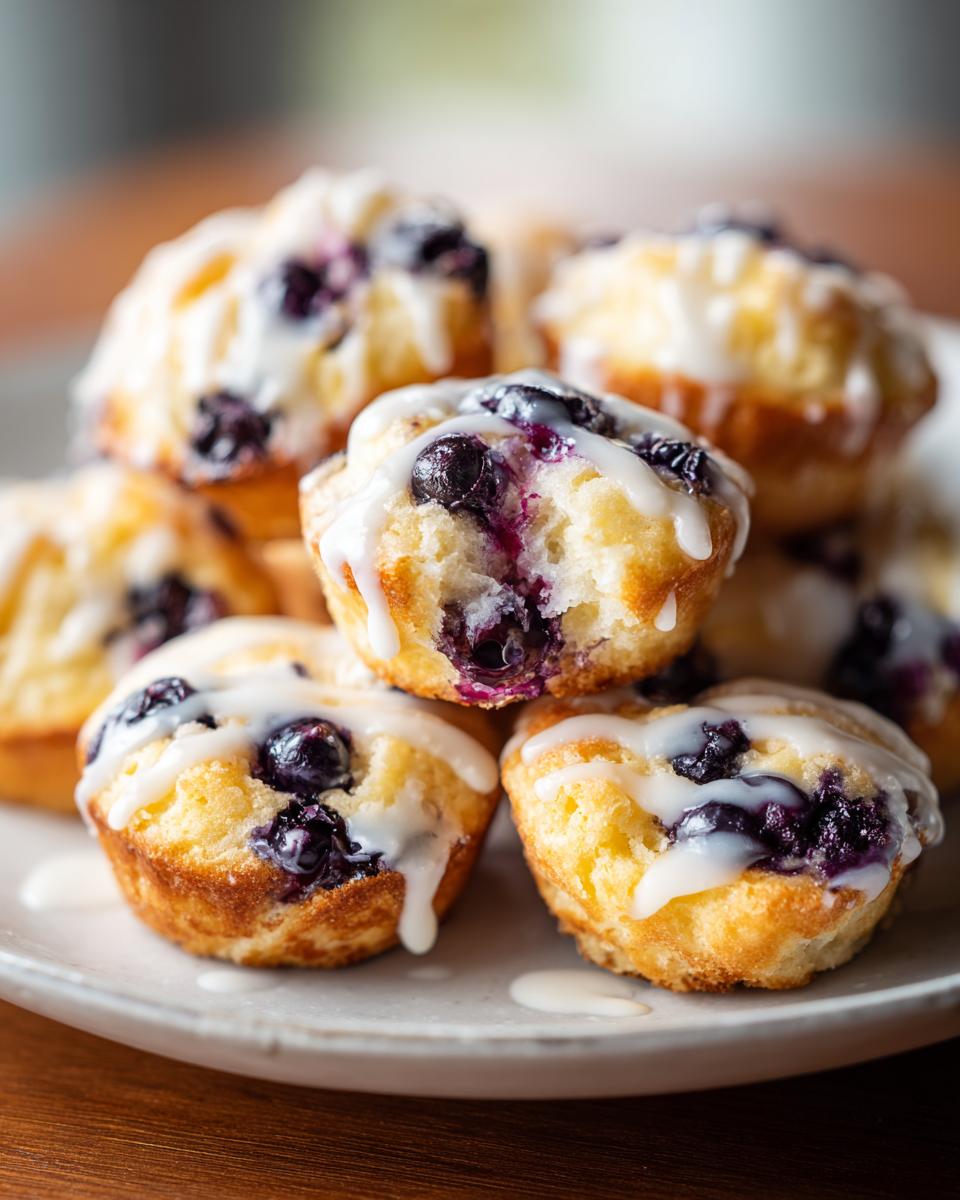 Close-up of a stack of golden blueberry lemon pancake bites drizzled with sweet white glaze.