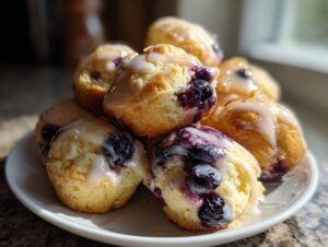 A close-up of several golden blueberry lemon pancake bites drizzled with a sweet white glaze, piled on a small white plate.